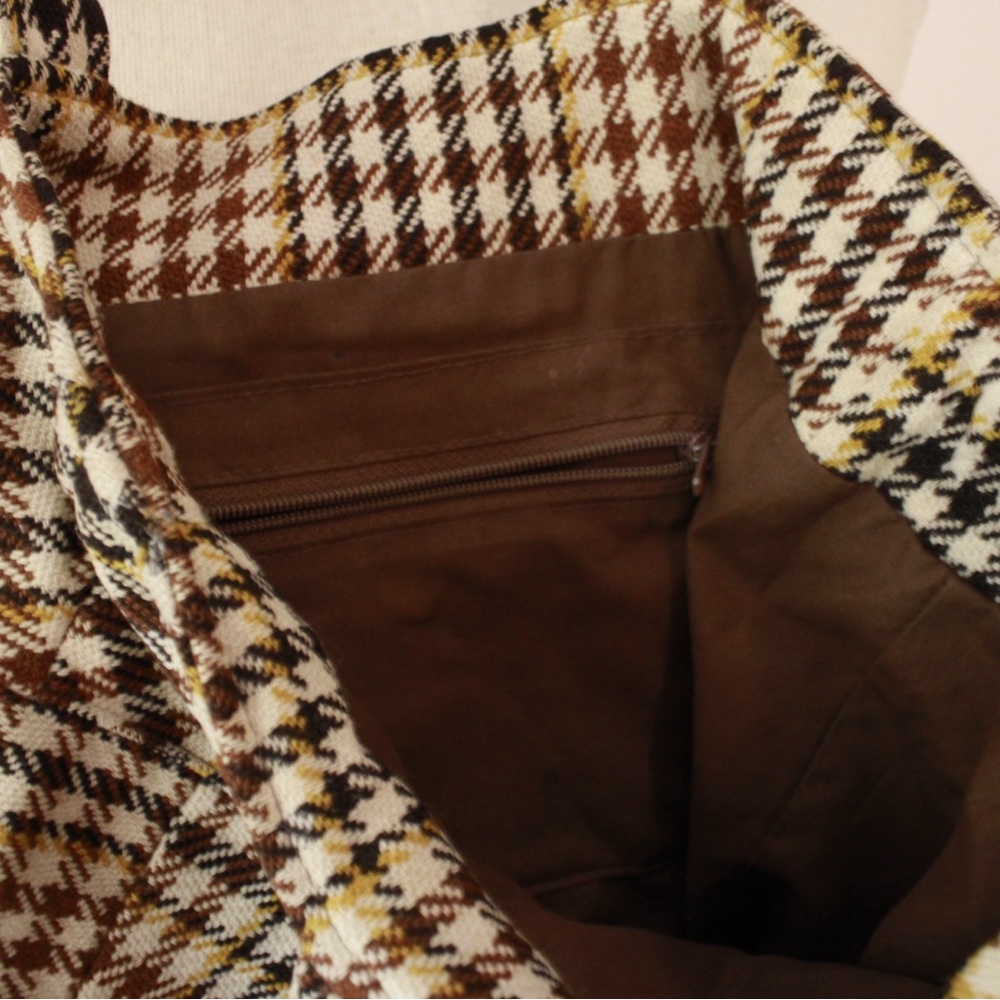 Francois Beauregard Brown Black Houndstooth Tote Handbag Boho Designer Small - Picture 10 of 16